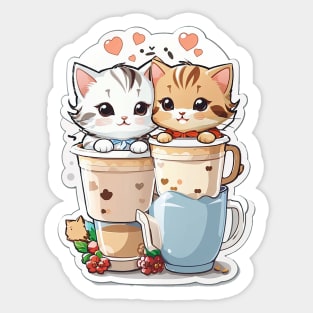 Cute Kittens With A Cup Of Milk Tea Sticker